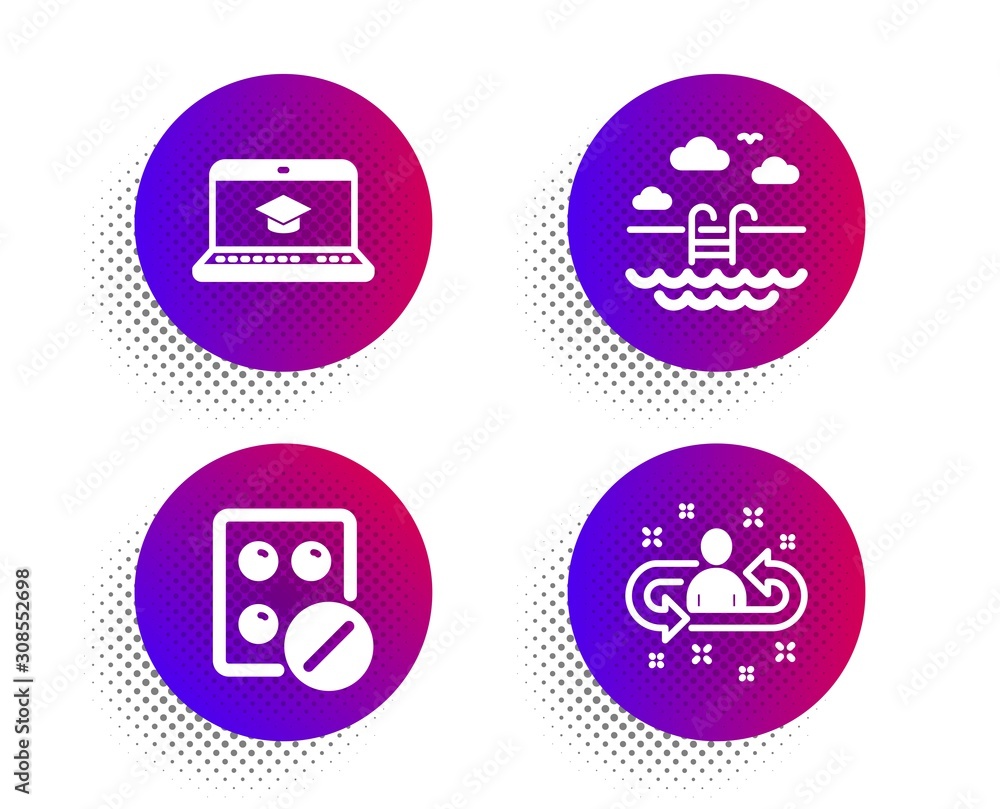 Medical tablet, Swimming pool and Website education icons simple set. Halftone dots button. Recruitment sign. Medicine pill, Basin, Video learning. Manager change. Business set. Vector Medical tablet, Swimming pool and Website education icons simple set. Halftone dots button. Recruitment sign. Medicine pill, Basin, Video learning. Manager change. Business set. Vector