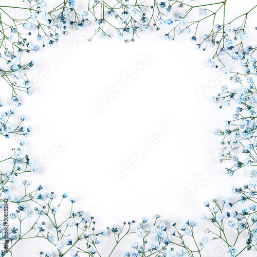 Beautiful flower frame of blue gypsophila flowers. Flat lay, top view. Floral pattern.