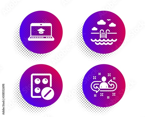 Medical tablet, Swimming pool and Website education icons simple set. Halftone dots button. Recruitment sign. Medicine pill, Basin, Video learning. Manager change. Business set. Vector