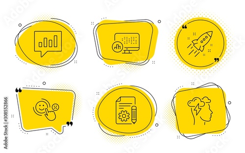 Analytical chat, Report statistics and Mindfulness stress signs. Chat bubbles. Documentation, Customer satisfaction and Startup rocket line icons set. Project, Happy smile, Business innovation. Vector
