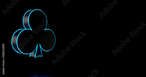 Aces Playing Cards Symbol - Clubs With Futuristic Blue Glowing Neon Lights Isolated On The Black Background - 3D Illustration photo