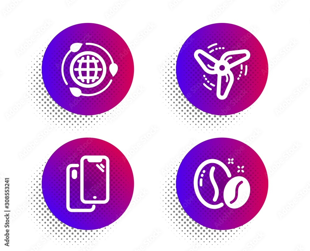 Smartphone, Eco energy and Wind energy icons simple set. Halftone dots button. Coffee beans sign. Phone, Ecology, Ventilator. Roasted seeds. Business set. Classic flat smartphone icon. Vector Smartphone, Eco energy and Wind energy icons simple set. Halftone dots button. Coffee beans sign. Phone, Ecology, Ventilator. Roasted seeds. Business set. Classic flat smartphone icon. Vector