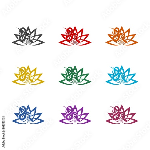 Lotus and snake color icon set isolated on white background