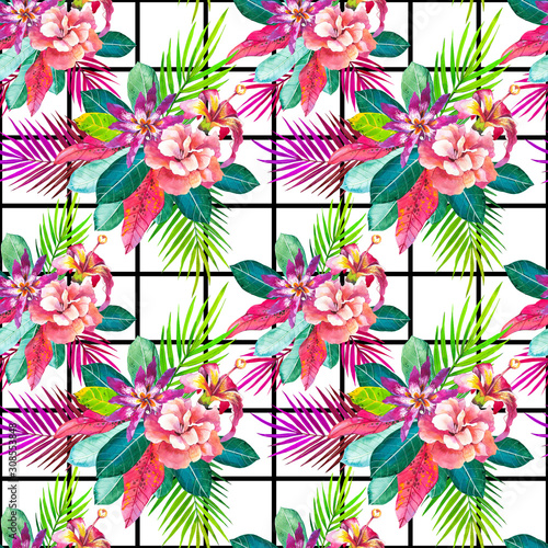 Exotic bouquet hand drawn seamless pattern. Tropical flowers on black and white geometric background. Hibiscus, roses with palm leaves watercolor texture. Botanic wrapping paper, wallpaper design © monamonash