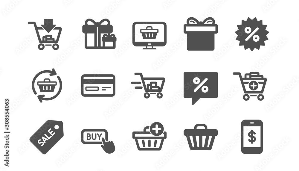 Shopping bag icons. Gift, Present and Sale discount. Delivery classic icon set. Quality set. Vector