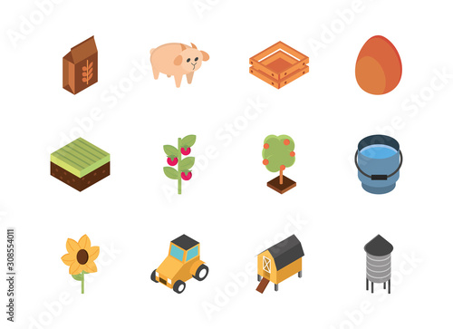 farm harvest agriculture rural isometric icons collection