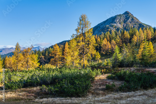 Peaceful autumn Alps mountain view. Reiteralm  Steiermark  Austria.