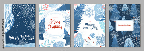 Winter poster background. Season holiday greetings set with snow, fir tree, berry, snowflakes, snowman and other graphic design elements. Creative modern flat christmas and new year card