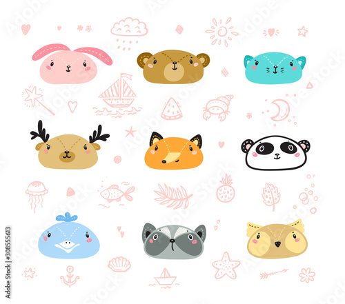 Cute Scandinavian Style Animal Faces Set. Doodle Cartoon Animals and Birds. Vector illustration