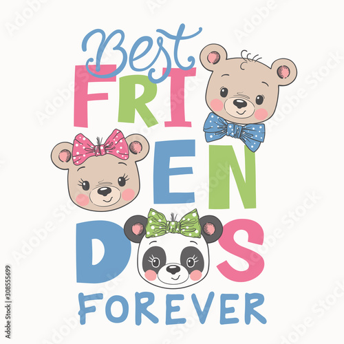 Cute bears, panda. Best friends forever slogan. Cartoon vector illustration design for t-shirt graphics, fashion prints, slogan tees