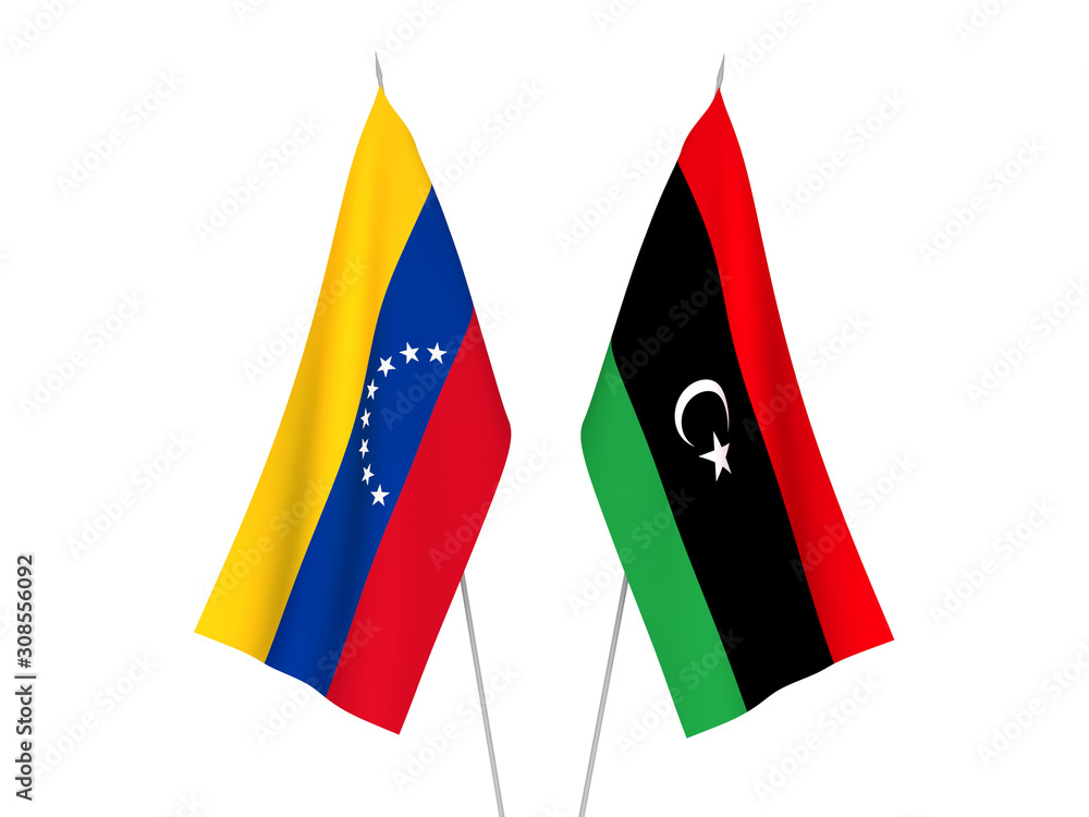 National fabric flags of Libya and Venezuela isolated on white background. 3d rendering illustration. National fabric flags of Libya and Venezuela isolated on white background. 3d rendering illustration.