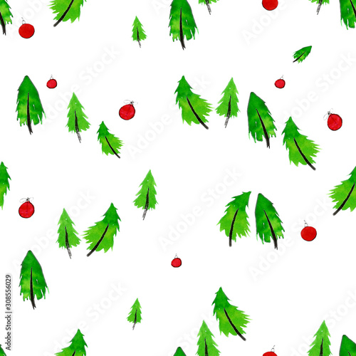 Winter graphic seamless pattern with christmas trees. Decorative hand painted holiday background. Winter holiday design blue red white for fabric  gift wrap  card decoration  digital scrapbooking
