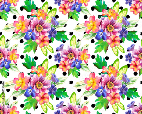 Seamless pattern with watercolor flowers. Beautiful illustrations with plants on black and white polka dot background. Composition with Peonies