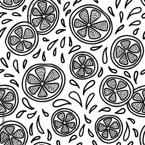 Lime, lemon and orange slices with lots of splashes vector seamless pattern. Hand drawn background. White back.