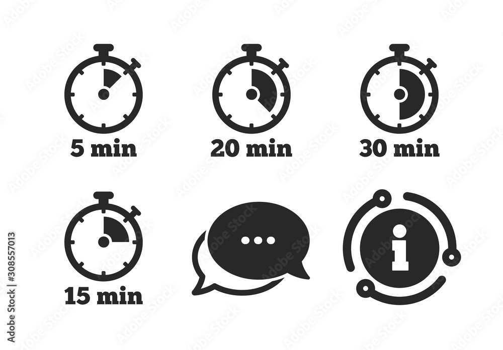 5, 15, 20 and 30 minutes stopwatch symbols. Chat, info sign. Timer icons. Classic style speech bubble icon. Vector 5, 15, 20 and 30 minutes stopwatch symbols. Chat, info sign. Timer icons. Classic style speech bubble icon. Vector