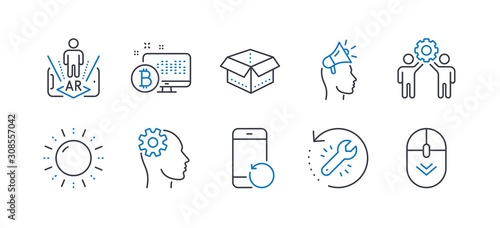 Set of Technology icons, such as Employees teamwork, Engineering, Bitcoin system, Sun energy, Brand ambassador, Augmented reality, Open box, Recovery phone, Recovery tool, Scroll down. Vector