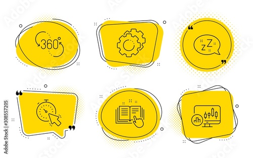Timer, Sleep and Candlestick chart signs. Chat bubbles. Settings gears, 360 degree and Technical documentation line icons set. Technology process, Virtual reality, Manual. Time management. Vector