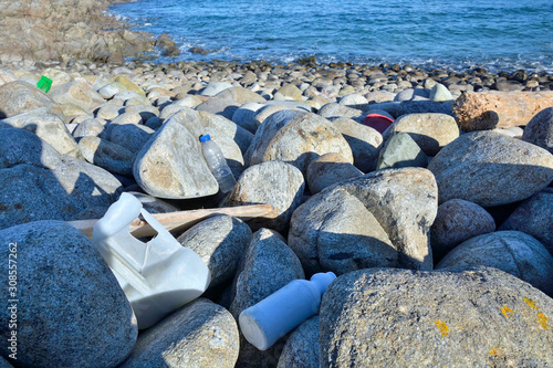 Plastic waste dragged by the sea to a beach on the Atlantic coast of Galicia. This trash when decomposing generates the microplastics