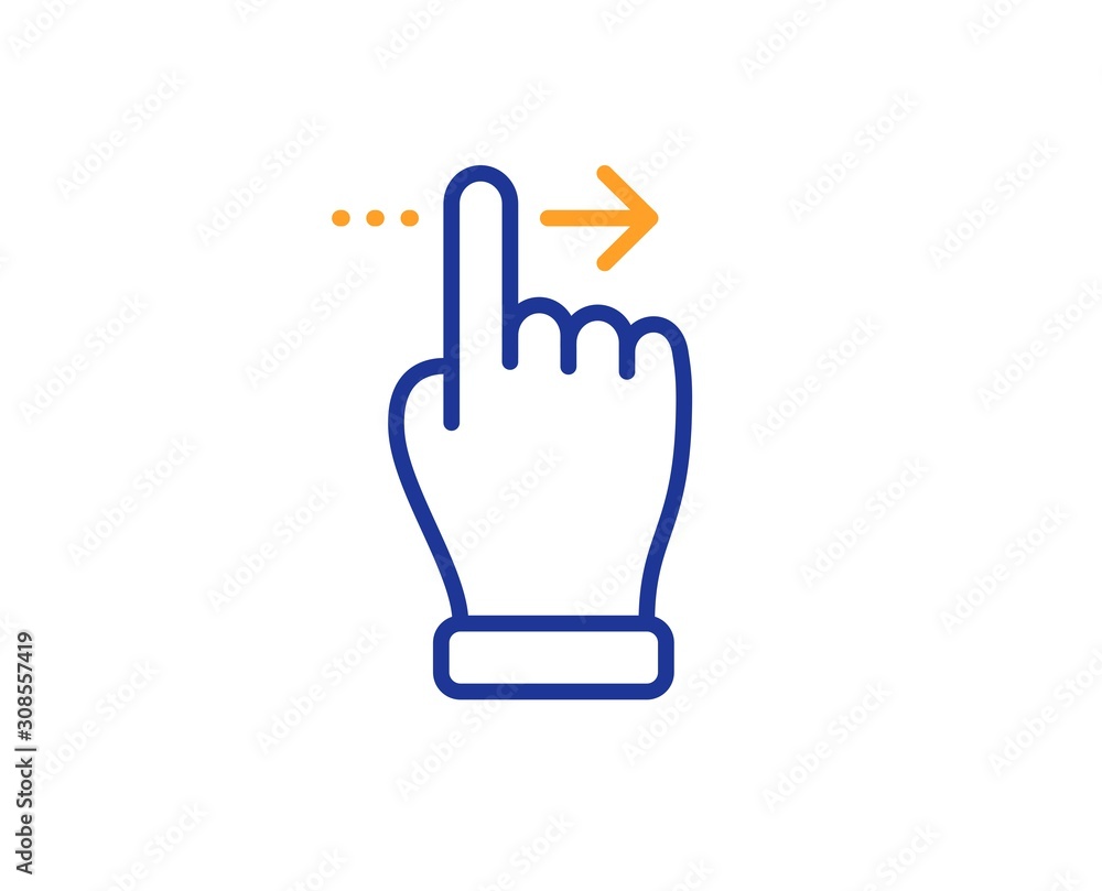 Slide right arrow sign. Touchscreen gesture line icon. Swipe action symbol. Colorful outline concept. Blue and orange thin line touchscreen gesture icon. Vector Slide right arrow sign. Touchscreen gesture line icon. Swipe action symbol. Colorful outline concept. Blue and orange thin line touchscreen gesture icon. Vector