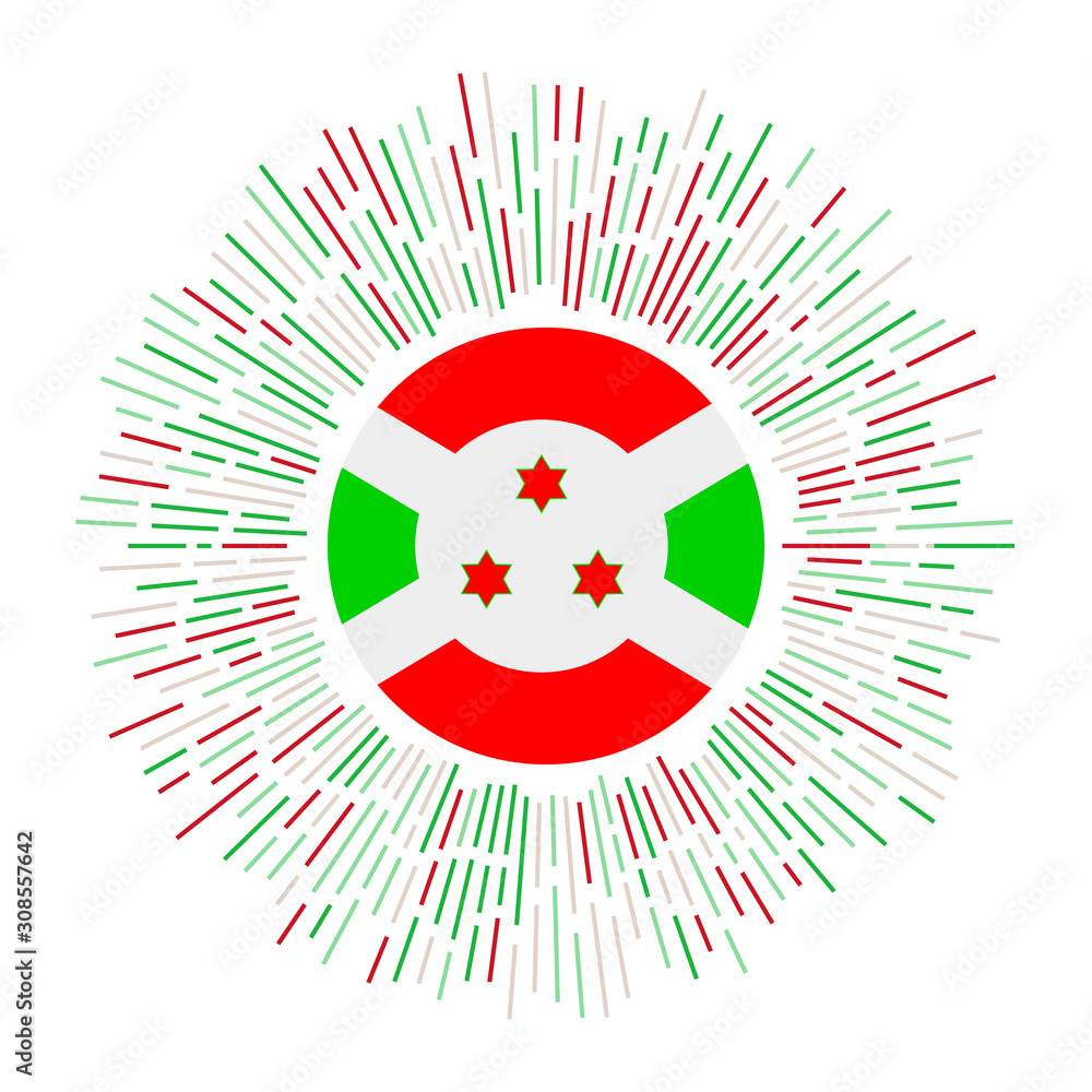 Burundi sign. Country flag with colorful rays. Radiant sunburst with Burundi flag. Vector illustration.