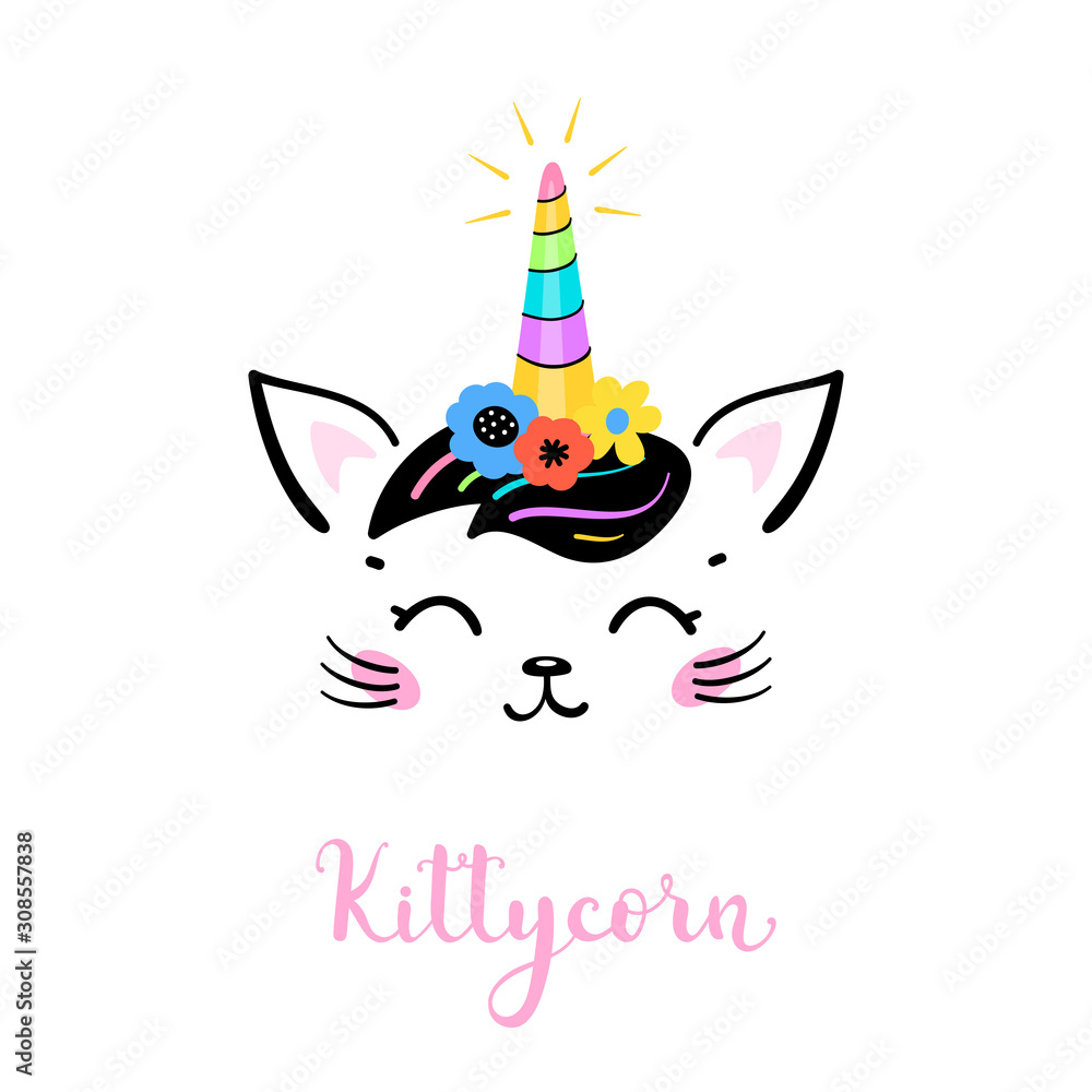 Vector Cute Unicorn Cat Head with Floral Wreath for Kids Design. Magic Caticorn or Kittycorn Nursery Poster. Magical Kitten Face with Flower Unicorn Horn and Funny Hair Bangs Vector Cute Unicorn Cat Head with Floral Wreath for Kids Design. Magic Caticorn or Kittycorn Nursery Poster. Magical Kitten Face with Flower Unicorn Horn and Funny Hair Bangs