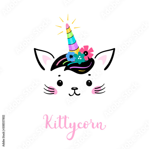 Vector Cute Unicorn Cat Head with Floral Wreath for Kids Design. Magic Caticorn or Kittycorn Nursery Poster. Magical Kitten Face with Flower Unicorn Horn and Funny Hair Bangs