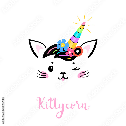 Vector Cute Unicorn Cat Head with Floral Wreath for Kids Design. Magic Caticorn or Kittycorn Nursery Poster. Magical Kitten Face with Flower Unicorn Horn and Funny Hair Bangs