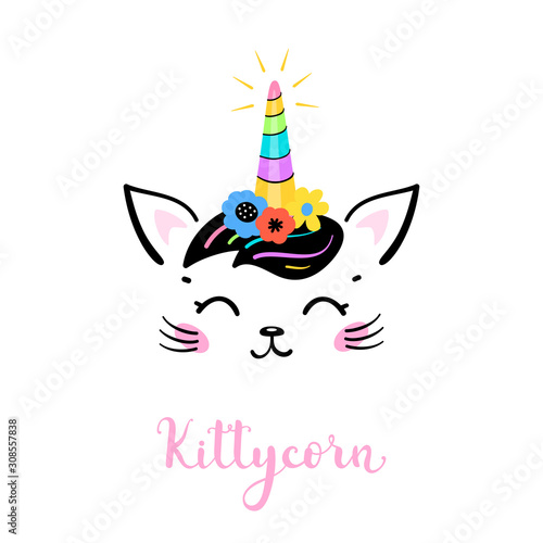 Vector Cute Unicorn Cat Head with Floral Wreath for Kids Design. Magic Caticorn or Kittycorn Nursery Poster. Magical Kitten Face with Flower Unicorn Horn and Funny Hair Bangs