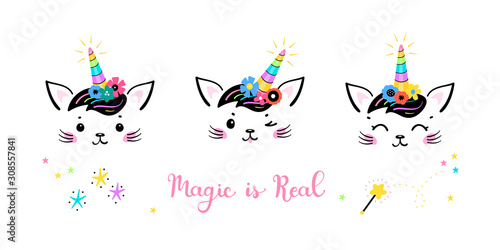 Vector Set Cute Unicorn Cat Head with Floral Wreath for Kids Design. Magic Caticorn or Kittycorn Nursery Poster. Magical Kitten Face with Flower Unicorn Horn and Funny Hair Bangs. Magic is Real