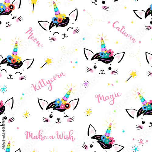 Cute Unicorn Cat Head with Floral Wreath and Lettering Seamless Pattern for Kids. Magic Caticorn, Kittycorn Nursery Wallpaper. Magical Kitten Face with Flower Unicorn Horn and Funny Hair Bangs 