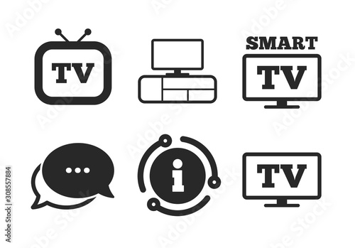 Widescreen symbol. Chat, info sign. Smart TV mode icon. Retro television and TV table signs. Classic style speech bubble icon. Vector