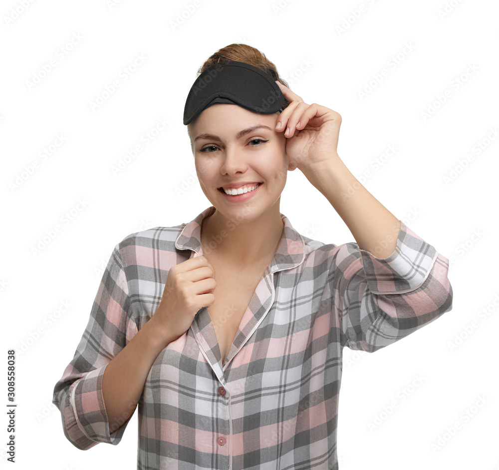 Beautiful woman wearing pajamas and sleeping mask on white background. Bedtime Beautiful woman wearing pajamas and sleeping mask on white background. Bedtime