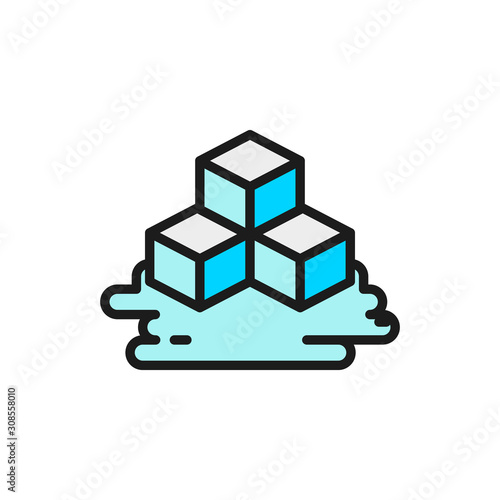 Three ice cubes flat color line icon. Isolated on white background