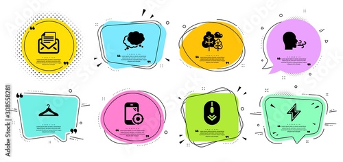 Mail correspondence, Seo phone and Scroll down line icons set. Chat bubbles with quotes. Tree, Cloakroom and Energy signs. Breathing exercise, Speech bubble symbols. Vector