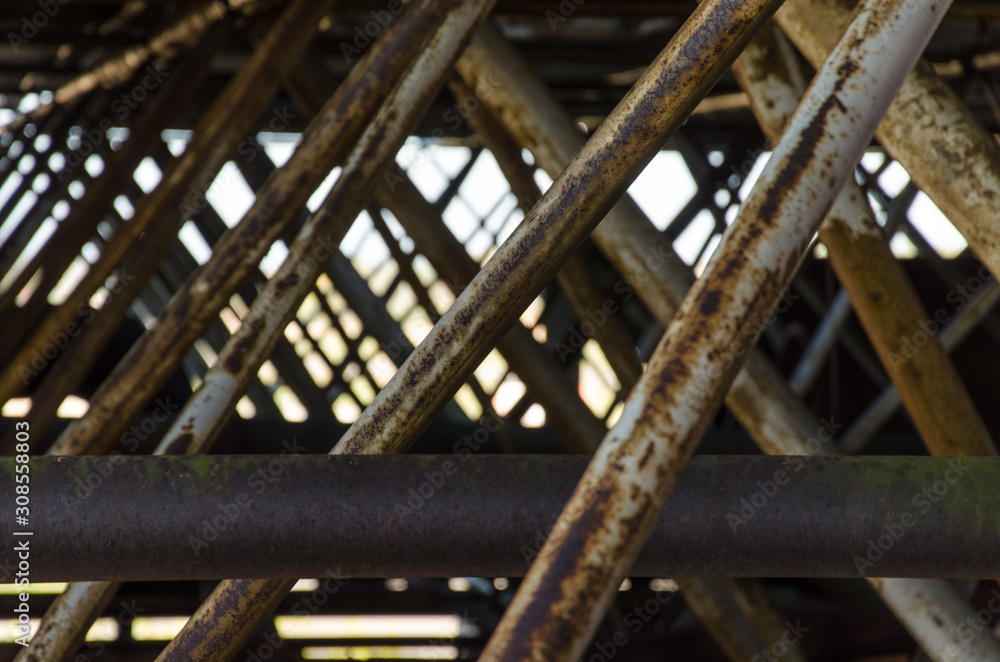 support of the roof of an old building. construction of metal pipes