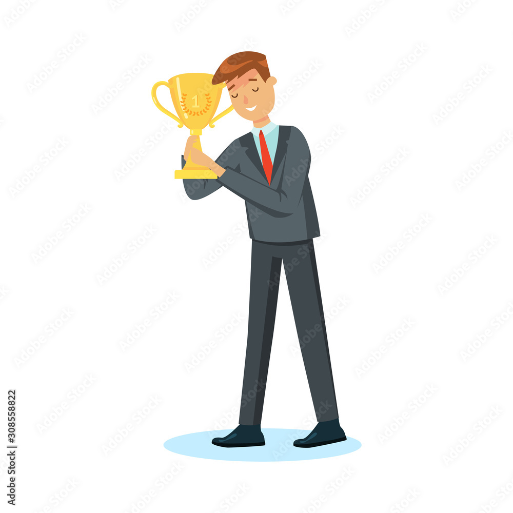 Smiling businessman winner holding first trophy in hands vector illustration Smiling businessman winner holding first trophy in hands vector illustration