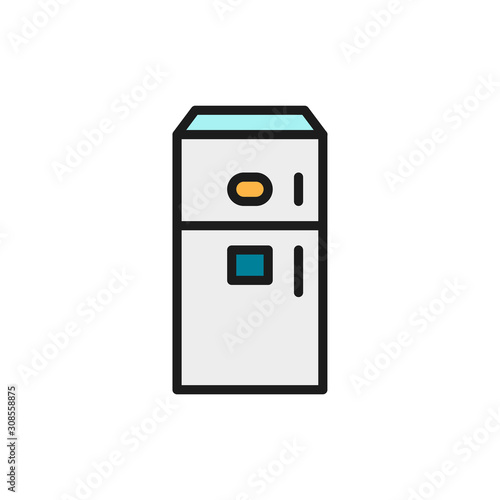 Fridge with ice maker machine flat color line icon.