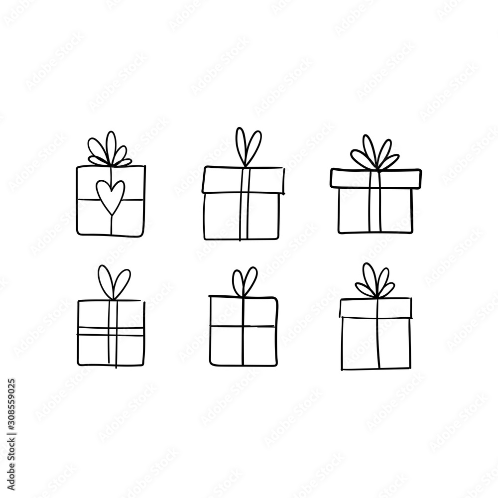 Christmas gift box doodle. Hand drawn present with ribbon illustration. Merry Xmas decorative element. Christmas gift box doodle. Hand drawn present with ribbon illustration. Merry Xmas decorative element.
