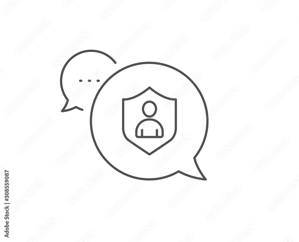 User Protection line icon. Chat bubble design. Profile Avatar with shield sign. Person silhouette symbol. Outline concept. Thin line security icon. Vector User Protection line icon. Chat bubble design. Profile Avatar with shield sign. Person silhouette symbol. Outline concept. Thin line security icon. Vector