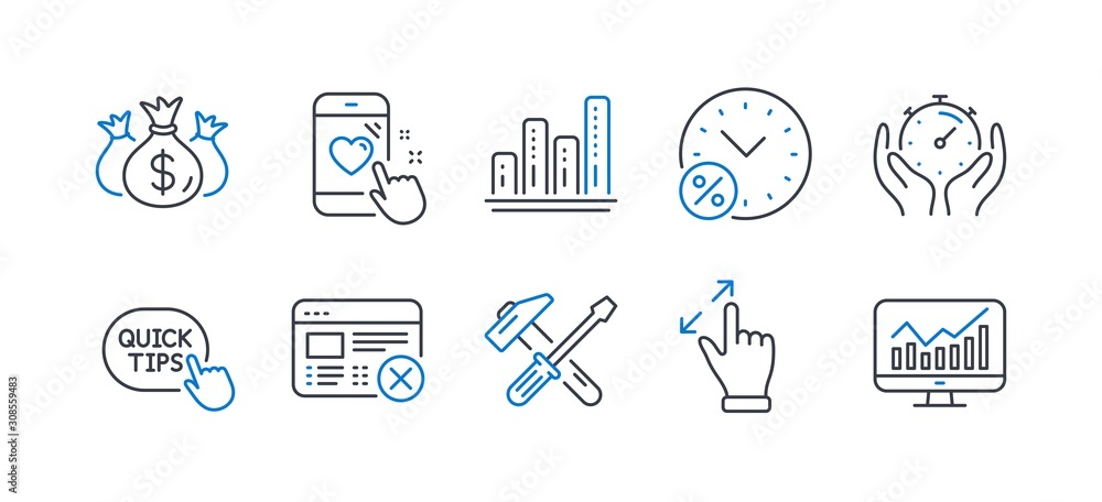 Set of Technology icons, such as Touchscreen gesture, Loan percent, Hammer tool, Timer, Heart rating, Check investment, Quick tips, Reject web, Graph chart, Statistics line icons. Vector Set of Technology icons, such as Touchscreen gesture, Loan percent, Hammer tool, Timer, Heart rating, Check investment, Quick tips, Reject web, Graph chart, Statistics line icons. Vector