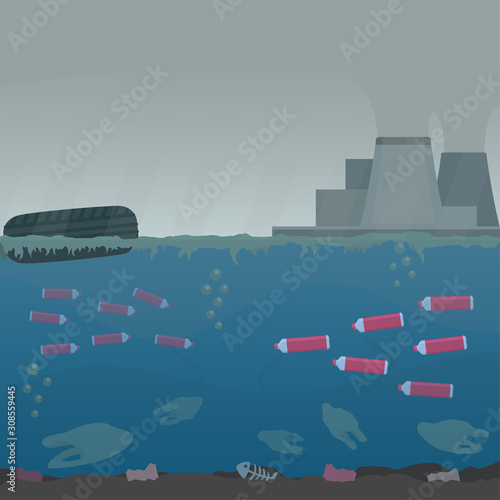 Water pollution illustration. Stock vector. Plastic waste floating in the river instead of fish. Eco concept. Trash emission, factory air and water pollution.