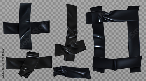 Black duct tape set. Insulating adhesive stripe, square and cross shape, glued sticky scotch pieces for fix, repair or packaging isolated on transparent background Realistic 3d vector illustration