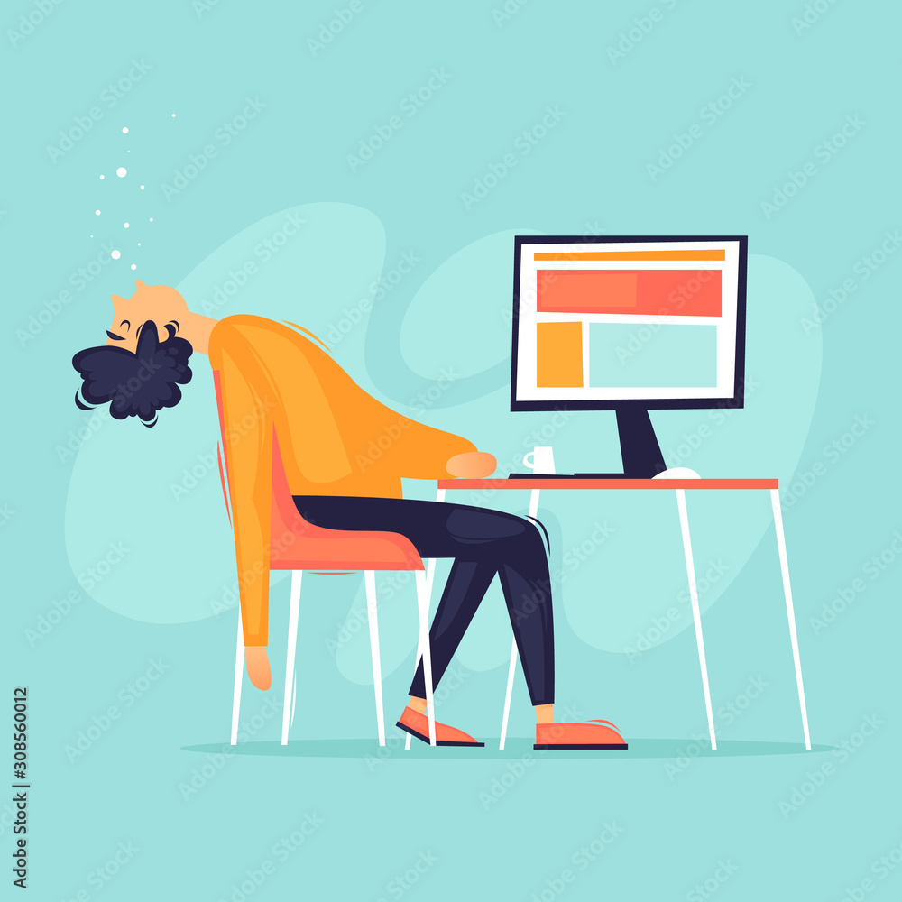 Fatigue, office worker fell asleep at the computer, a lot of work, stress. Flat design vector illustration.