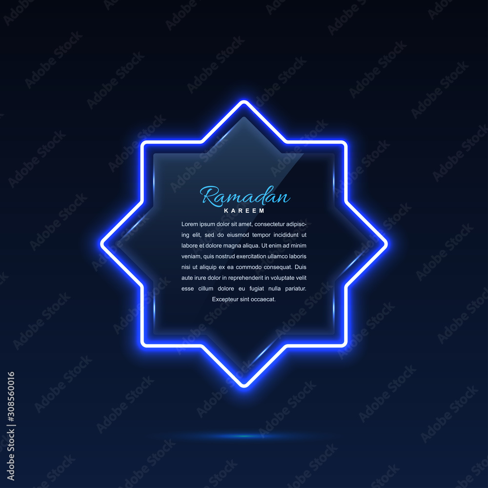 Glass banner arabic style. Transparent billboard with neon lights. Vector illustration.