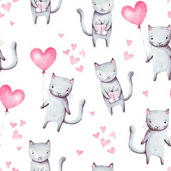 Crédence de cuisine Aquarelle ensemble 1 patrons Cute cartoon cats with pink balloon heart shape and gift. Hand drawn abstract watercolor seamless pattern. Valentine's day background. It can be used for wallpaper, fabric design, textile design.  © BloomPix