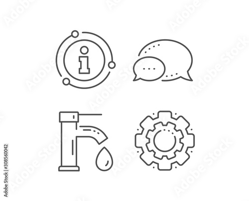 Tap water line icon. Chat bubble, info sign elements. Faucet with aqua drop sign. Sanitary engineering symbol. Linear tap water outline icon. Information bubble. Vector