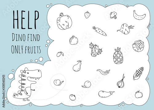 Dinosaur Maze. Cool kids mini coloring game for development. Vector stock illustration in simple cartoon style. Help Dino find only fruits between vegetables