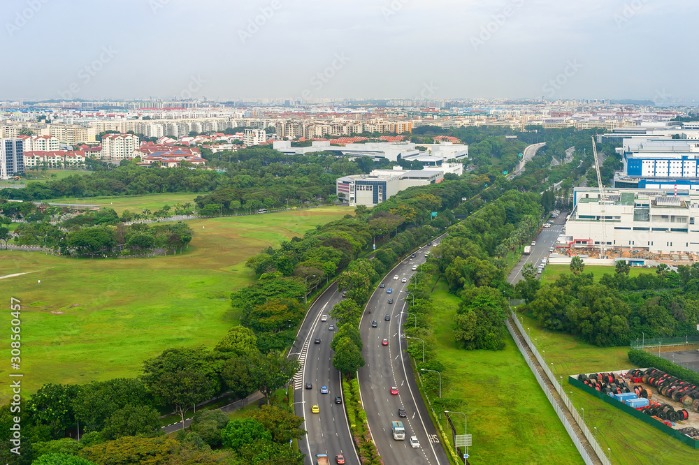 Aerial Singapore cityscape, highway landscape
