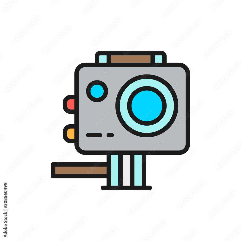 Action camera, extreme video cam flat color line icon. Action camera, extreme video cam flat color line icon.