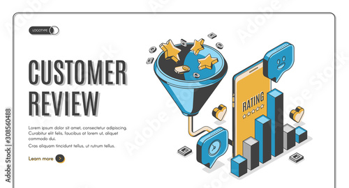 Customer review isometric landing page. Rating stars fall to huge funnel displaying on smartphone screen stand at column chart. Clients satisfaction results 3d vector line art illustration, web banner
